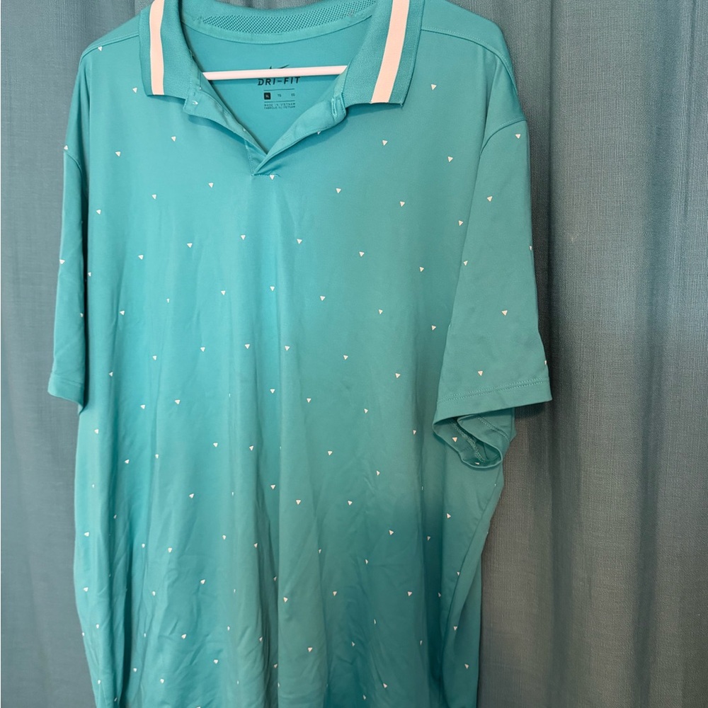 Nike Teal Polo with White Micro Dots and Pink-Trim Collar